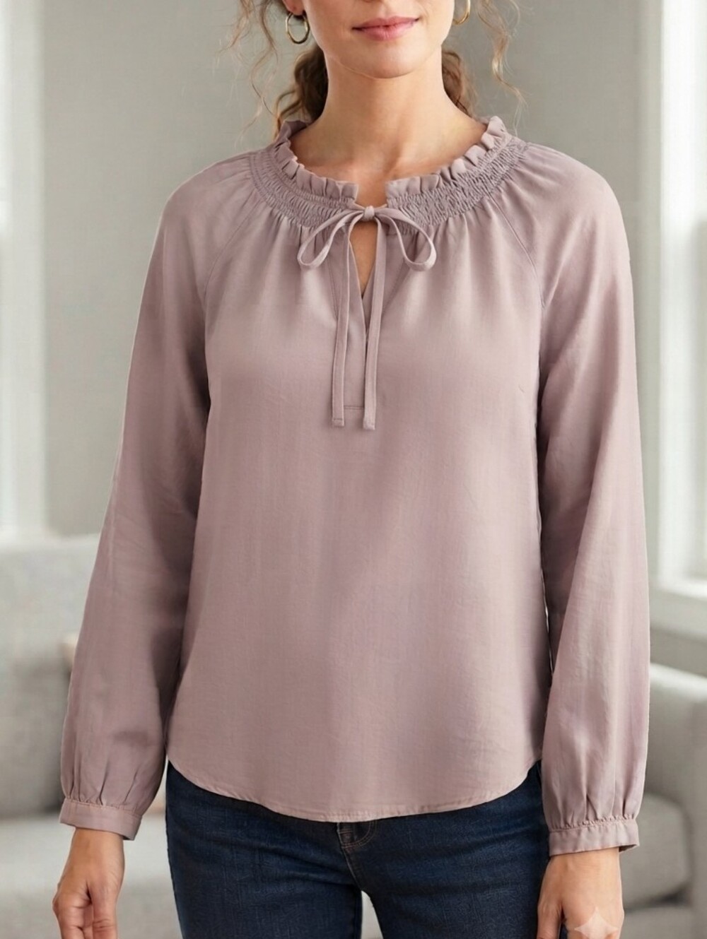 a new day Mauve Smocked-Ruffle Long Sleeve Blouse
